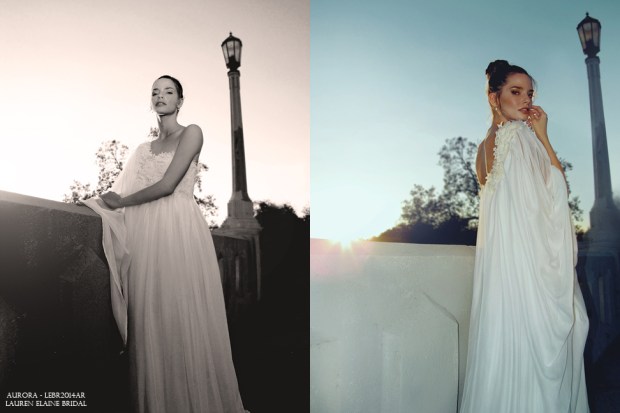 Lauren Elaine Aurora gown. 1970s vintage inspired ethereal bridal gown.