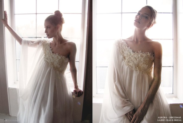 Lauren Elaine Aurora gown. 1970s vintage inspired ethereal bridal gown.