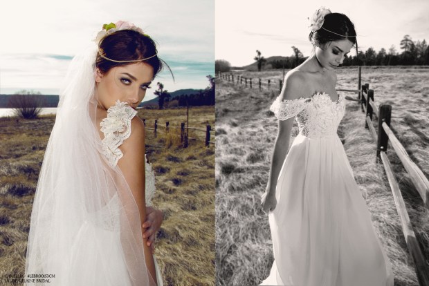 Lauren Elaine Camellia Gown. Lace capped sleeve bridal gown with 3D lace flowers. Romantic, rustic wedding gowns.