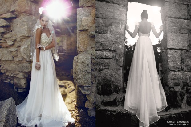 Vintage lace and chiffon off-the-shoulder wedding gown with backless illusion A-line silhouette.