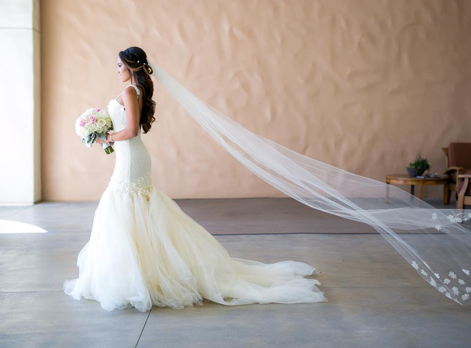 Bride Sunshine wears her Lauren Elaine "Aurelia" gown and custom veil at her wedding at Hyatt Regency Huntington Beach, California