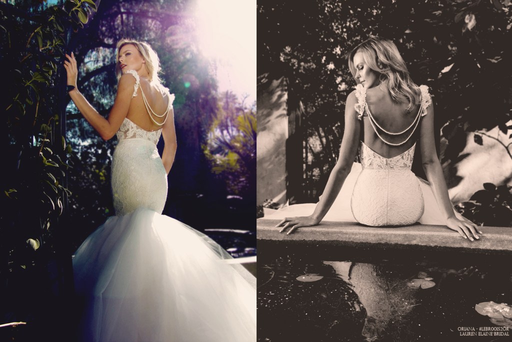 Backless mermaid wedding gown with draped pearls. 