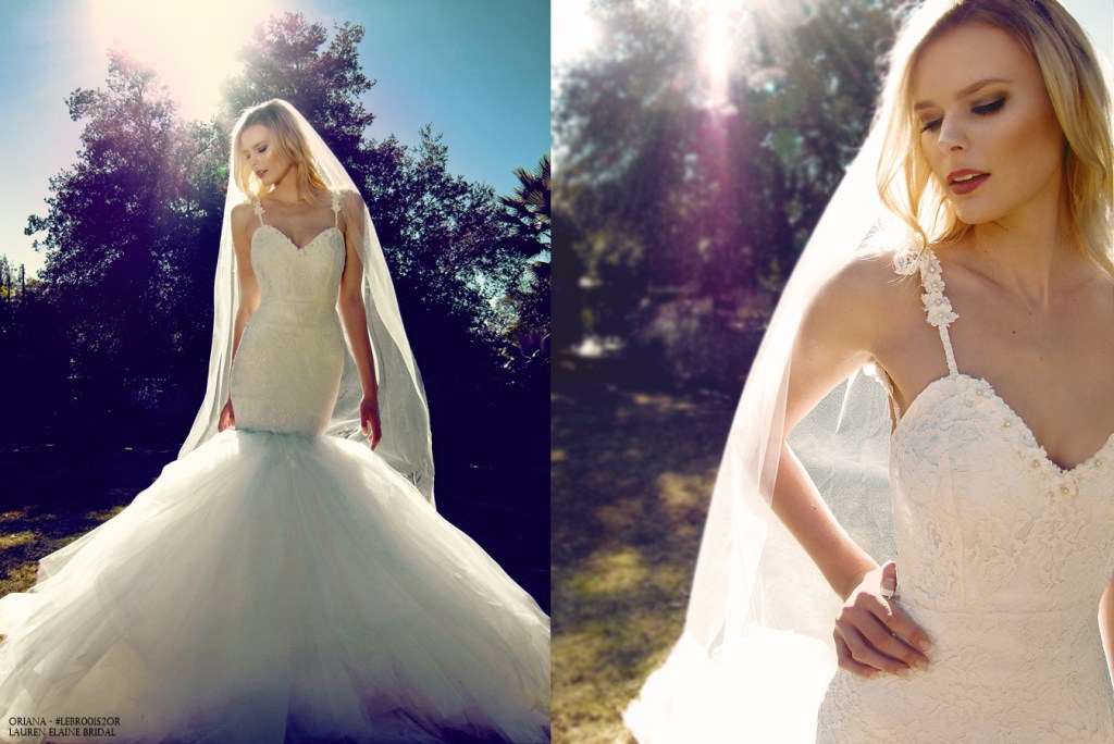 Oriana by Lauren Elaine Bridal. Tulle and lace mermaid wedding gown with pearls.
