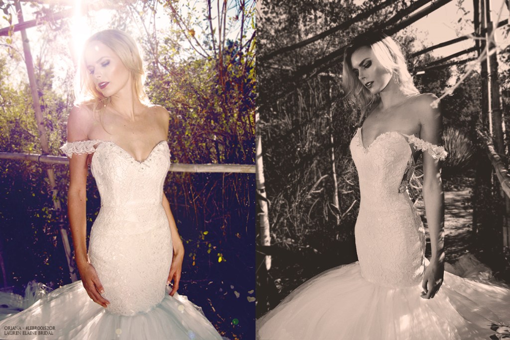 Off-the-Shoulder wedding gowns by Lauren Elaine Bridal. Lace mermaid wedding gown.