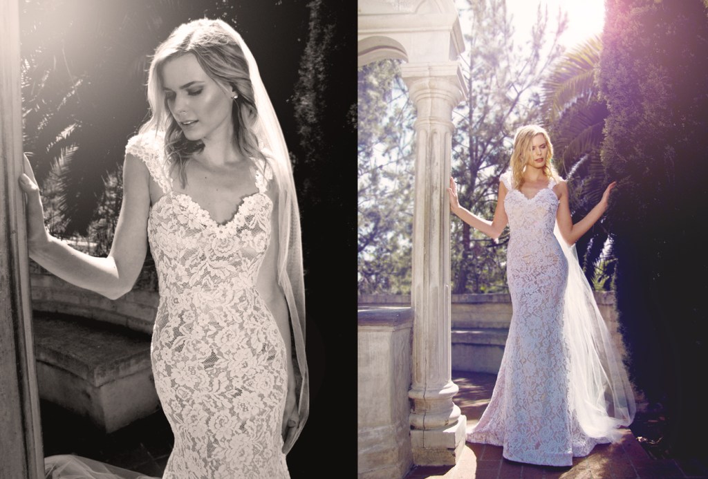 Champagne lace satin trumpet mermaid wedding gown with horsehair braid scalloped hemline. Amara by Lauren Elaine Bridal.