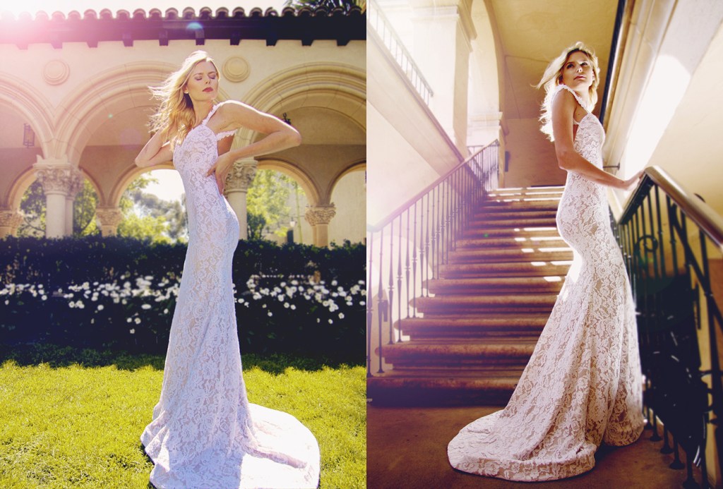 Backless cap sleeve lace trumpet wedding gown by Lauren Elaine Bridal