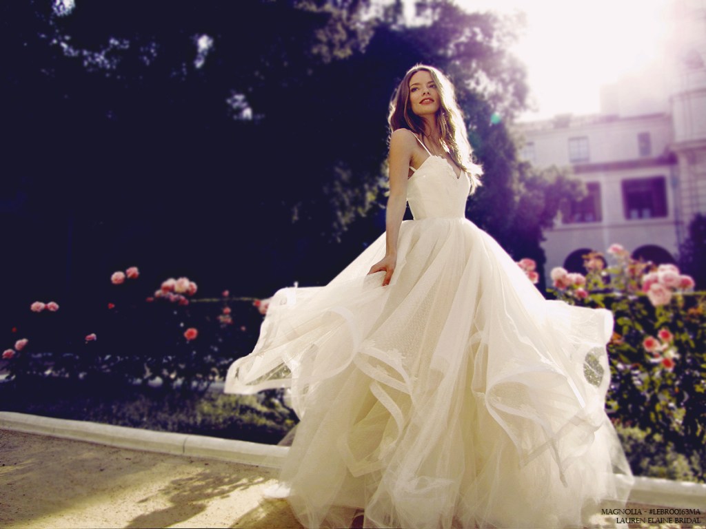 Magnolia tulle and horsehair petal ball gown wedding dress by Lauren Elaine Bridal Los Angeles
