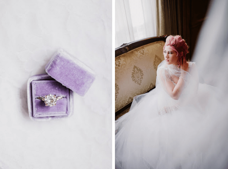Marie Anoinette-inspired bridal look for bride Jess on her wedding day.