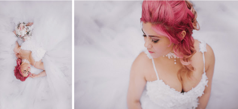 Pink hair on bride Jess in her Lauren Elaine "Monarch" wedding gown.