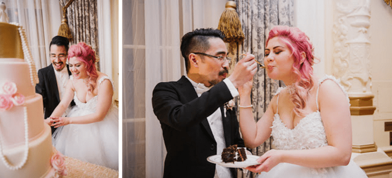 Bride Jess and Husband Ryan eat wedding cake at the Fairmont Olympic Hotel.