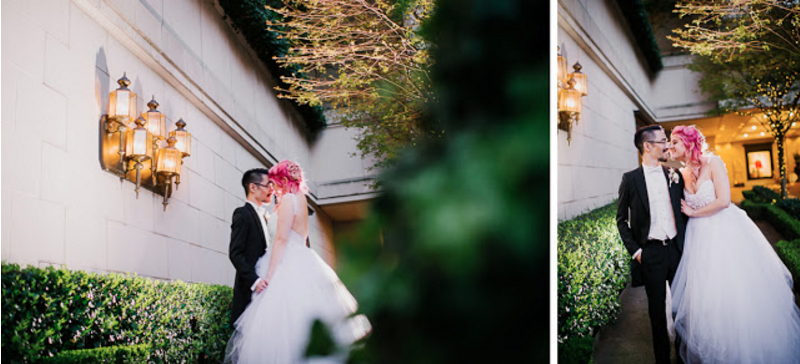 Jess wears the Lauren Elaine Monarch gown outside the Fairmont Olympic Hotel in Seattle, Washington.