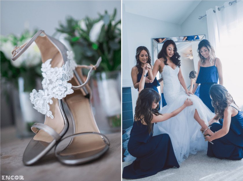 Bride Michele slips on her Lauren Elaine Bridal gown