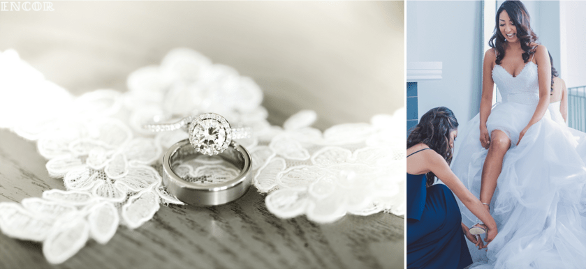 Michele slips on her garter in her Lauren Elaine Jasmine Gown