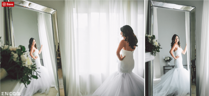 A bride tries on her custom Lauren Elaine Bridal Wedding Dress and Gown