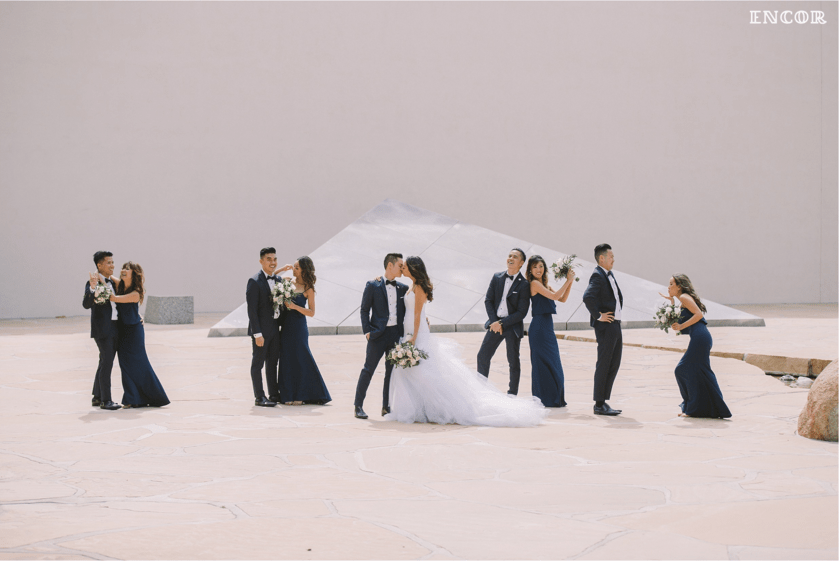 Rooftop bridal party portraits featuring Lauren Elaine "Jasmine" gown
