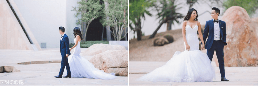 Michele wears her custom Lauren Elaine Jasmine Gown for her bridal portraits with husband Michael