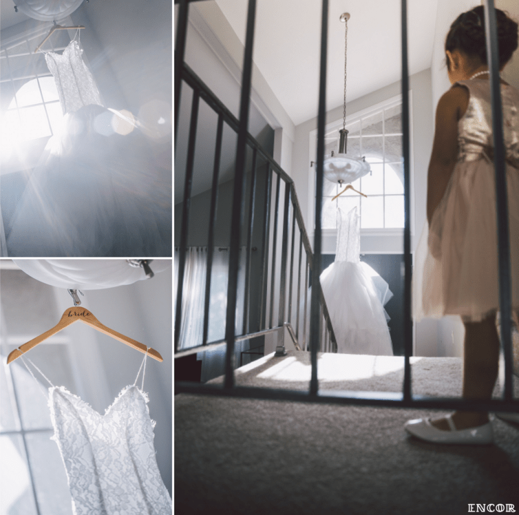 Lauren Elaine custom Jasmine Gown hanging by a window