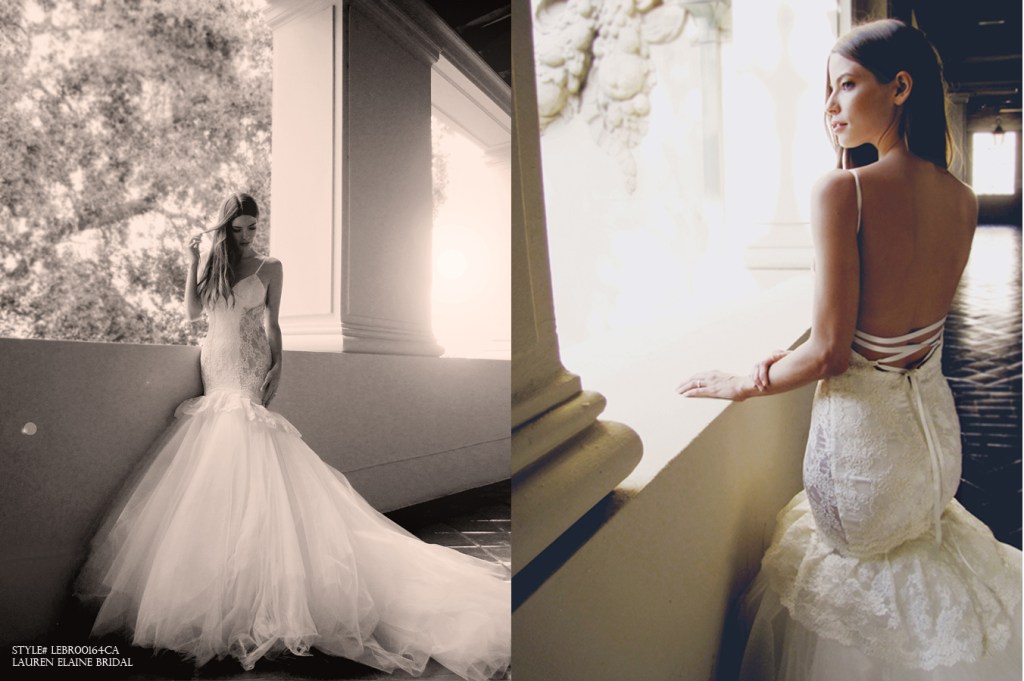 Catania mermaid wedding gown by Lauren Elaine with lace-up open back