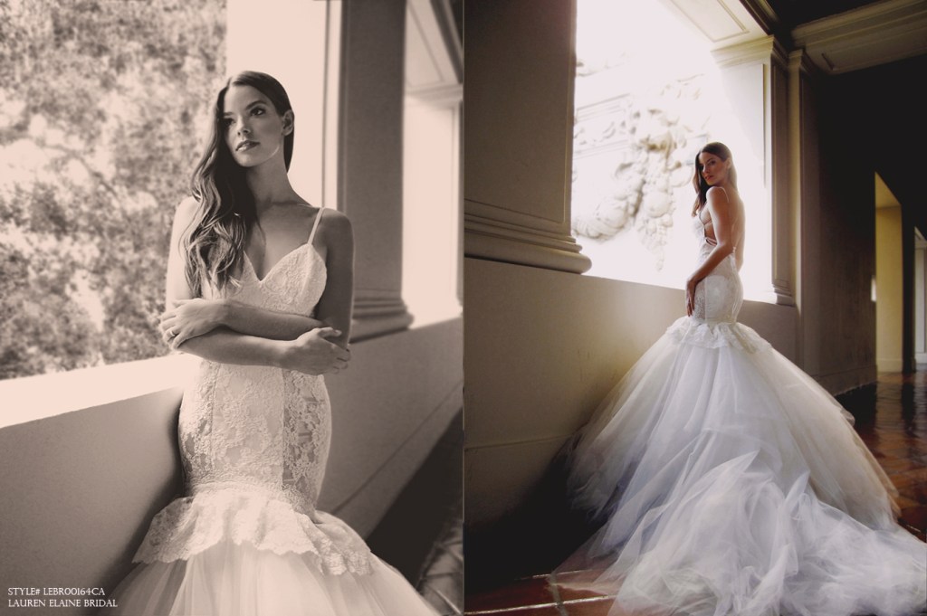 Backless mermaid designer wedding gown with lace peplum detailing and detachable train