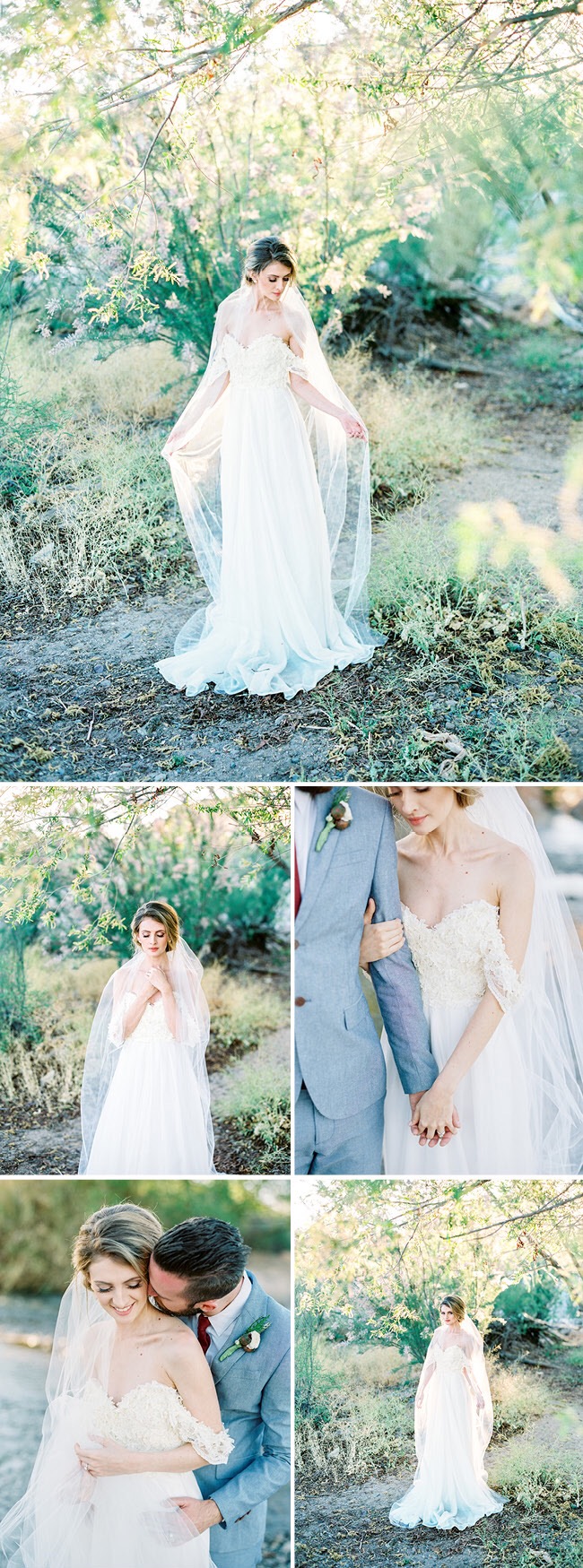 Lauren Elaine Bridal "Camellia" wedding dress with off-the-shoulder sleeves and a-line chiffon skirt with train.
