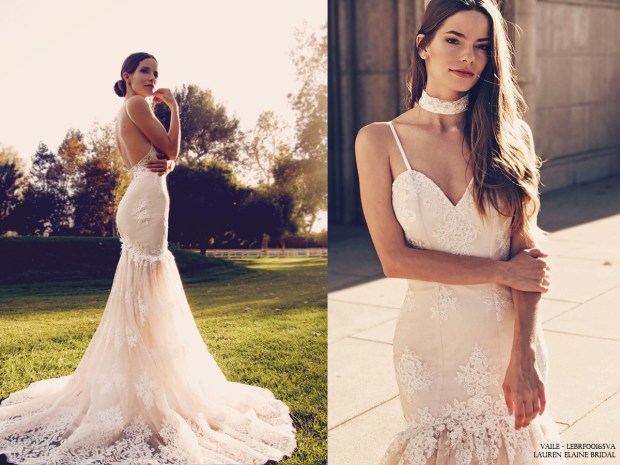 "Vaile" by Lauren Elaine mermaid/trumpet wedding gown in blush and ivory