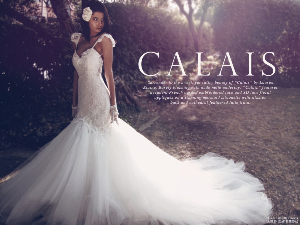 Lace mermaid wedding dress with cathedral tulle train and ruffle sleeves