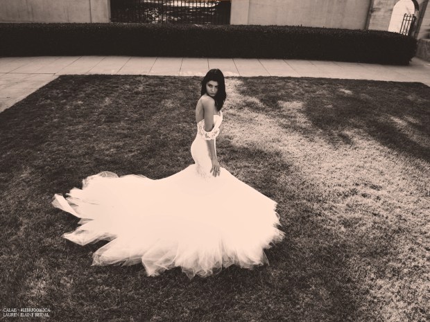 dramatic aerial photo of a lace mermaid wedding dress on grass lawn