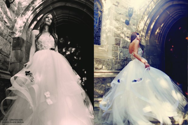 Fairytale blue wedding gown with colored flowers and layered horsehair skirt of tulle.