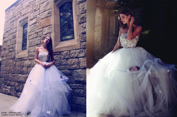 Unicorn wedding gown in pewter mist by Lauren Elaine Bridal with metallic blue brocade strapless bodice and rainbow flowers on skirt.