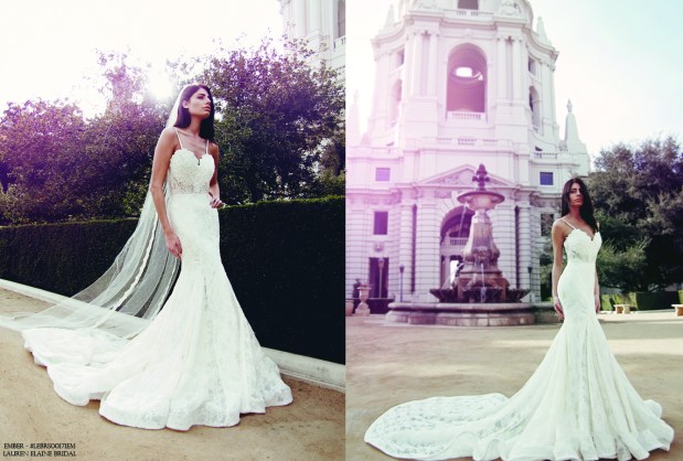Lauren Elaine "Ember" lace mermaid wedding gown with illusion underlay and peek-a-book kick pleats and cathedral train