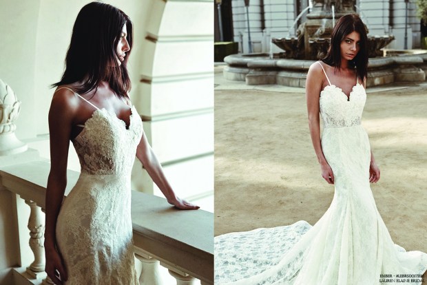 "Ember" wedding gown by Lauren Elaine Bridal with sweetheart illusion appliqué bodice and cathedral train with kick pleats.