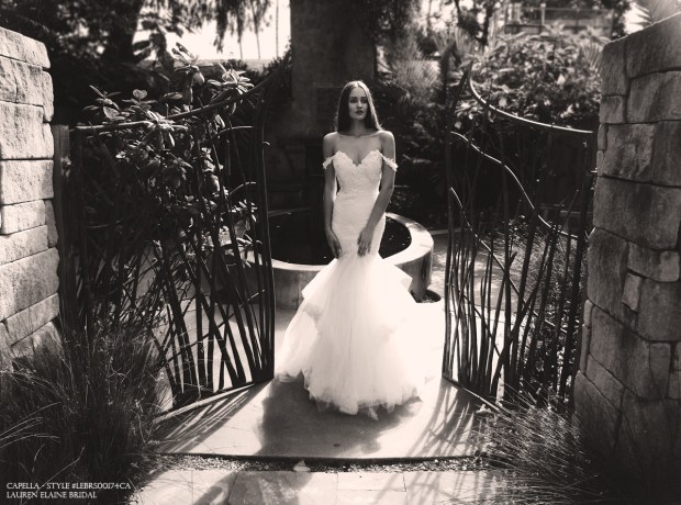 backless form-fit off-the-shoulder mermaid wedding dresses and bridal gowns by lauren elaine los angeles