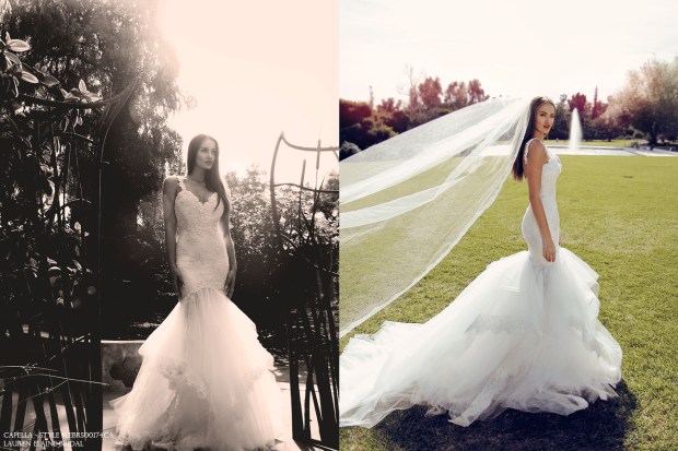 capella by lauren elaine sexy form fit sparkling lace mermaid wedding bridal dress with cathedral train