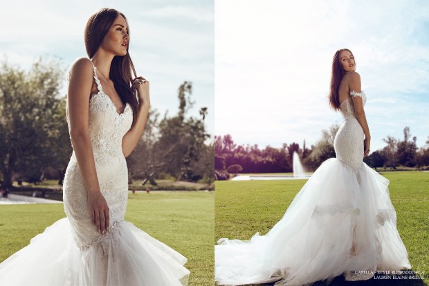 sexy backless mermaid wedding gown bridal dress with off-the-shoulder sweetheart bodice and beaded sequin lace pearls capella by lauren elaine