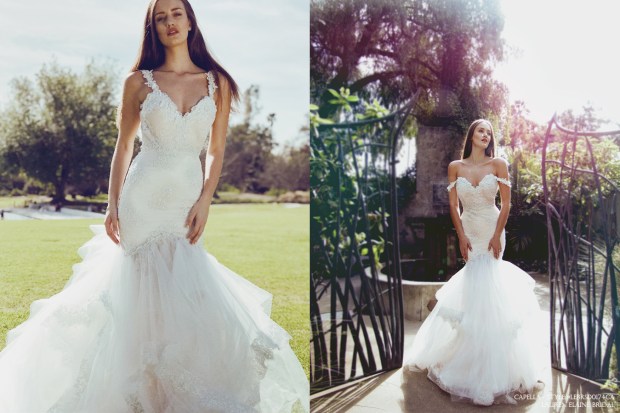 off-the-shoulder beaded lace sparkling sequin mermaid wedding gown bridal dress affordable bridal couture by lauren elaine