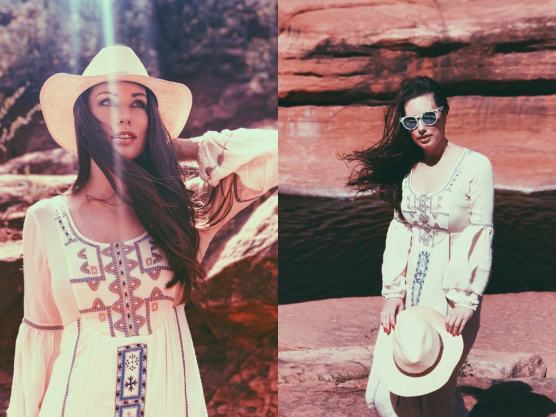 Designer Lauren Elaine explores Slide Rock State Park in Sedona, Arizona wearing bohemian Free People Desert Wind's maxi dress with navajo print.