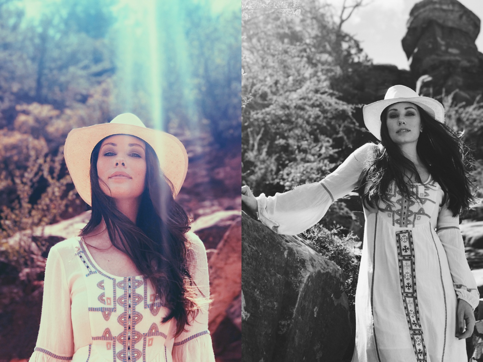 Designer Lauren Elaine explores Slide Rock State Park wearing a bohemian maxi dress and cowboy hat