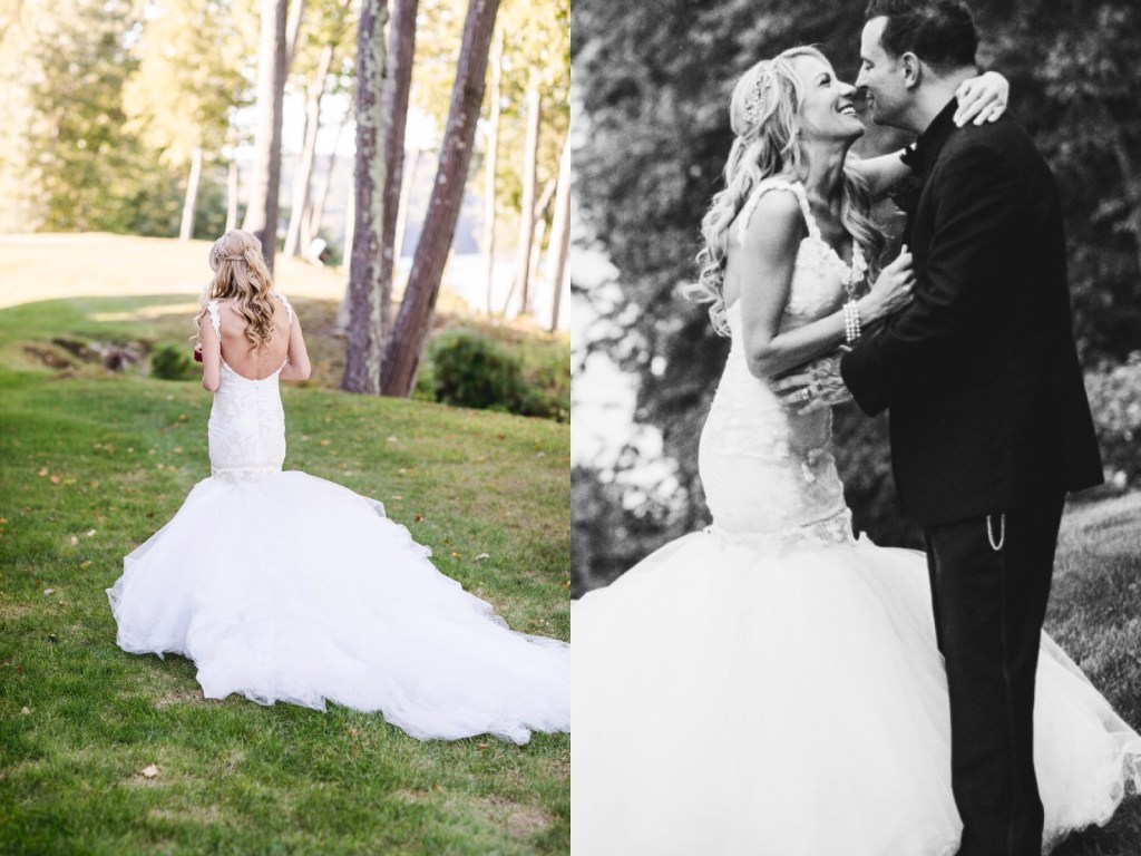 Bride jenny in lauren elaine wisteria mermaid wedding dress with cathedral detachable tulle train and veil