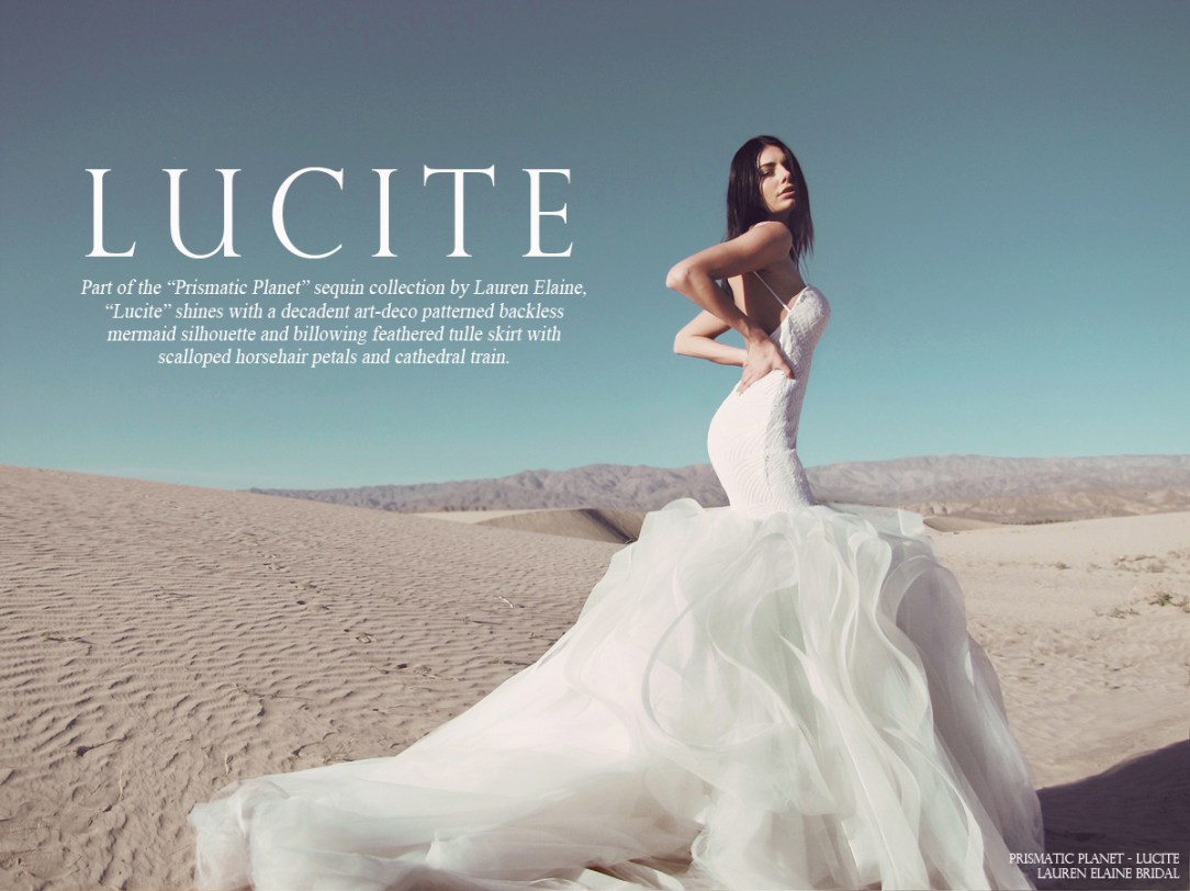 lauren elaine lucite sequin mermaid wedding gown with cathedral train