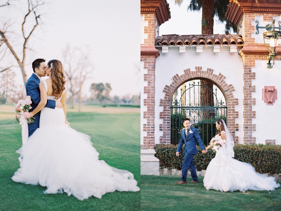 Bride Mary kisses husband Sernan in her custom Lauren Elaine Oriana gown with cathedral tulle lace train