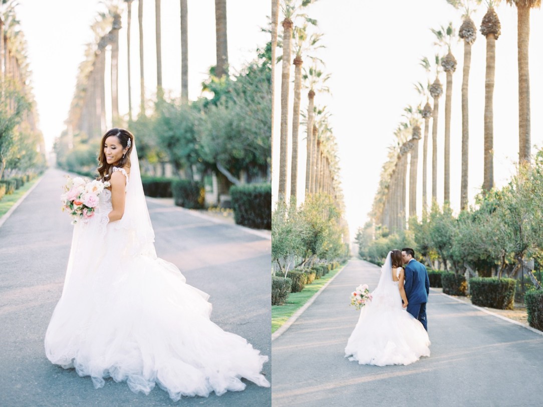 Bride Mary wears her custom Lauren Elaine Oriana gown with detachable train and cathedral veil