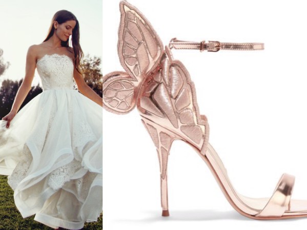 Whimsical Sophia Webster copper ankle wedding shoes paired with Lauren Elaine Haven wedding gown