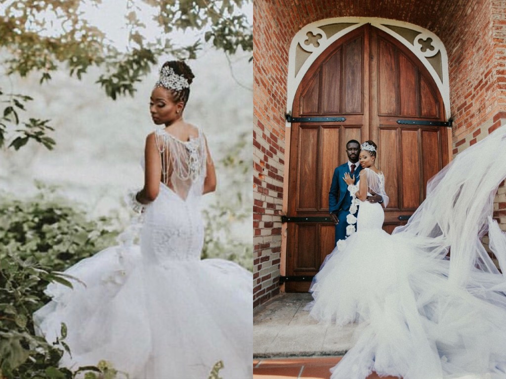 Bride Lynnel wears a custom Lauren Elaine Bridal Jasmine mermaid lace wedding dress with crystal bolero and cathedral train