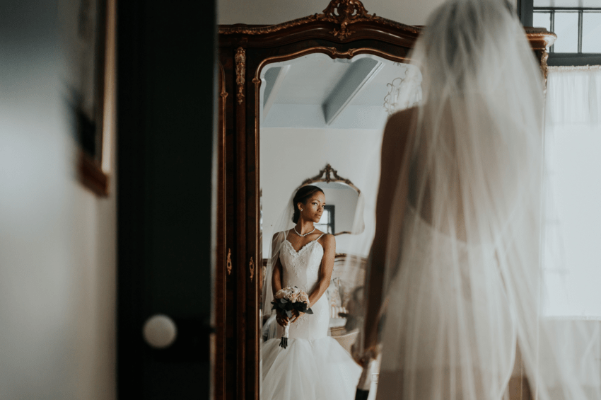 Bridal reflections of Harmony in Lauren Elaine Arabelle gown