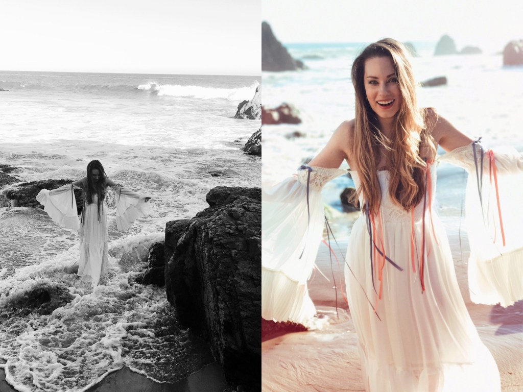 Fashion Designer Lauren Elaine wades int he ocean in bohemian off-the-shoulder wedding dress