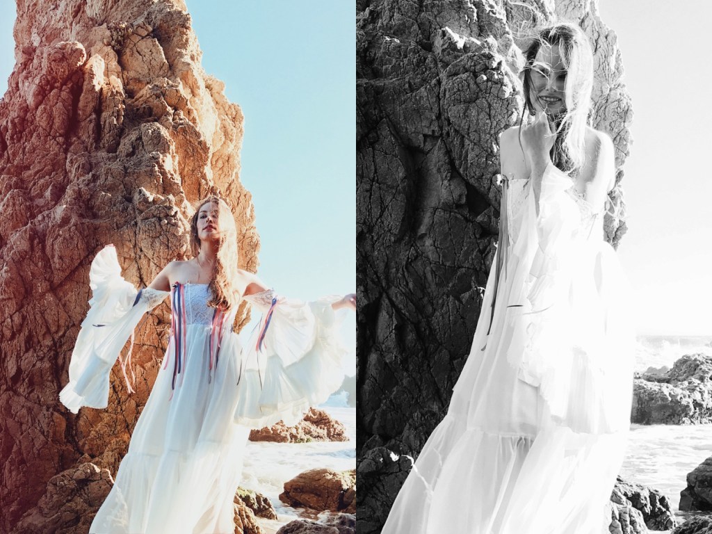 Ethereal fashion editorial images of designer Lauren Elaine in malibu wearing a custom off-the-shoulder wedding dress
