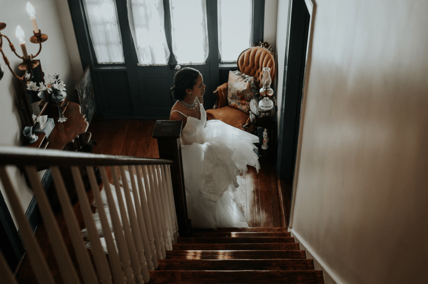 Aerial bridal portrait of bride Harmony in her Lauren Elaine arabelle wedding gown