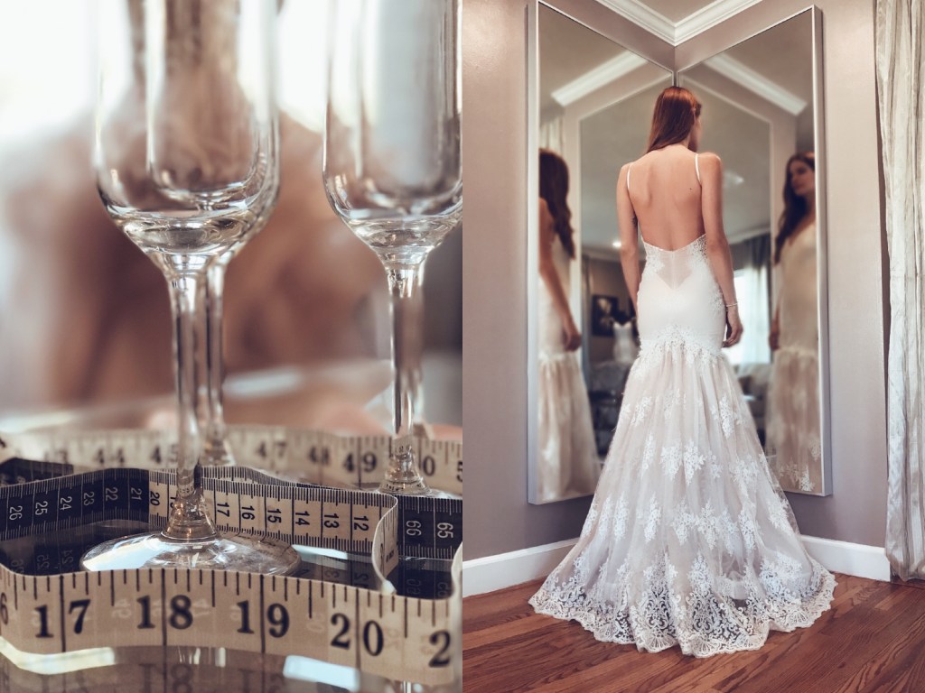 A model tries on a blush wedding dress at the Lauren Elaine Flagship Bridal Salon in Los Angeles, CA
