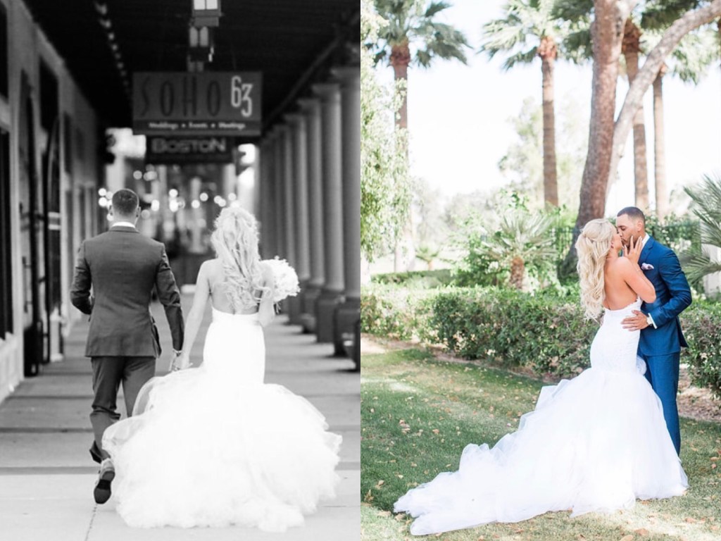 Bride Jamie ties the knot in Arizona wearing a custom Lauren Elaine Jasmine Bridal mermaid wedding gown