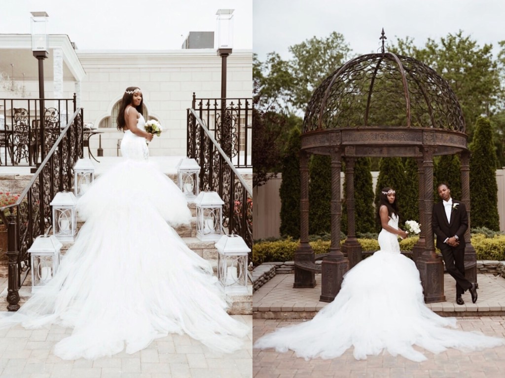 Bride Anita ties the knot at Ariana Grand in New Jersey wearing a custom mermaid wedding dress by Lauren Elaine with 8ft train